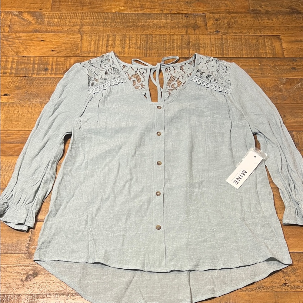 Women's Lace Detail Faux Button-Up Top - Sage/blue